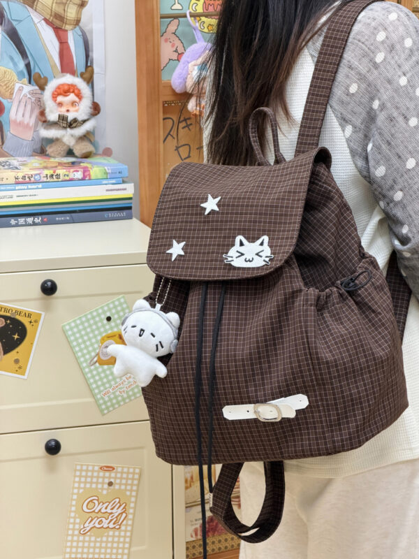 New Cute Style Cartoon Plaid Kitten Backpack Girls Junior High School School Bag Lightweight Drawstring Casual Backpack
