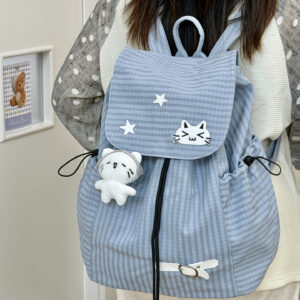 New Cute Style Cartoon Plaid Kitten Backpack Girls Junior High School School Bag Lightweight Drawstring Casual Backpack