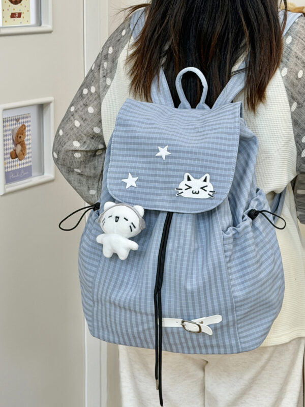 New Cute Style Cartoon Plaid Kitten Backpack Girls Junior High School School Bag Lightweight Drawstring Casual Backpack