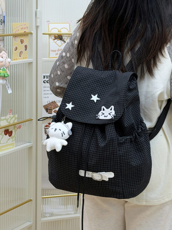 New Cute Style Cartoon Plaid Kitten Backpack Girls Junior High School School Bag Lightweight Drawstring Casual Backpack