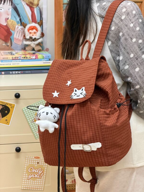 New Cute Style Cartoon Plaid Kitten Backpack Girls Junior High School School Bag Lightweight Drawstring Casual Backpack