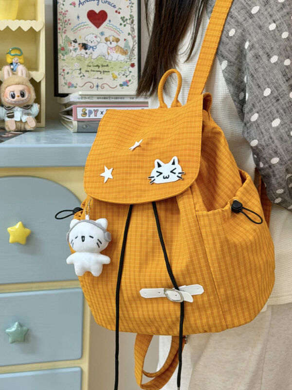 New Cute Style Cartoon Plaid Kitten Backpack Girls Junior High School School Bag Lightweight Drawstring Casual Backpack