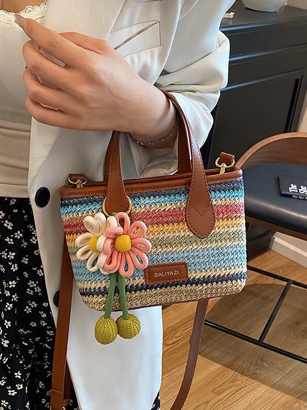 O1CN01AfGxCT1WEIgrspFQ2_2221436032756-0-cib.jpg Cross-border rainbow woven floral women's handbag, 2026 new fashionable forest-style vacation crossbody bag, multifunctional straw woven bag