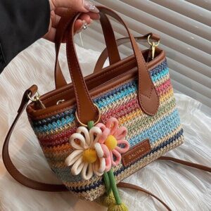 Cross-border rainbow woven floral women's handbag, 2026 new fashionable forest-style vacation crossbody bag, multifunctional straw woven bag