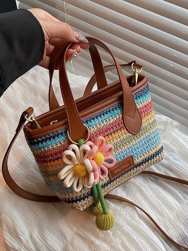 O1CN01eoQsr31WEIgwNcLWu_2221436032756-0-cib.jpg Cross-border rainbow woven floral women's handbag, 2026 new fashionable forest-style vacation crossbody bag, multifunctional straw woven bag