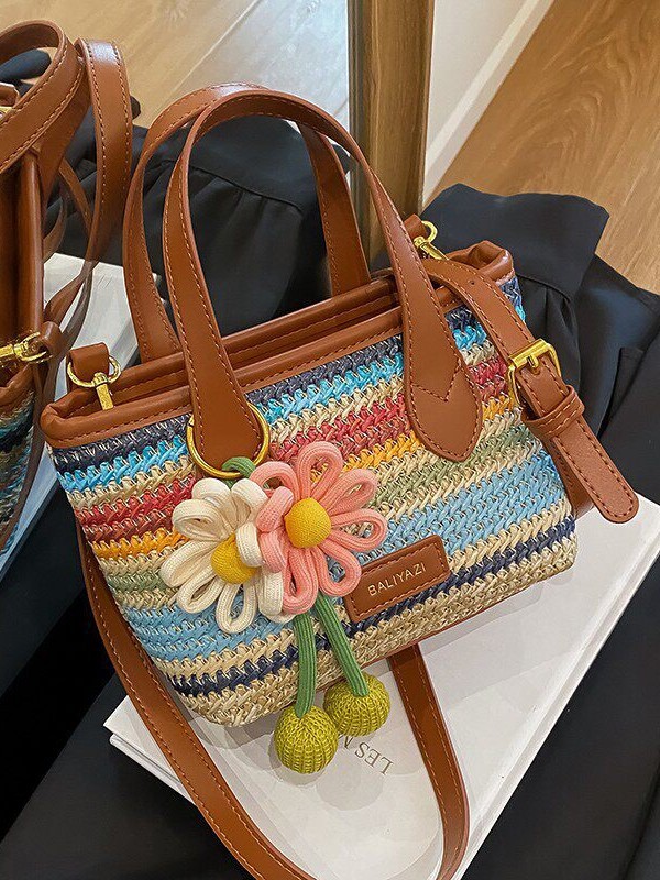 O1CN01zp58HB1WEIgx5dCpe_2221436032756-0-cib.jpg Cross-border rainbow woven floral women's handbag, 2026 new fashionable forest-style vacation crossbody bag, multifunctional straw woven bag